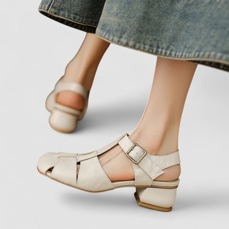Penelope | Genuine Leather Perforated Heeled Mary Janes