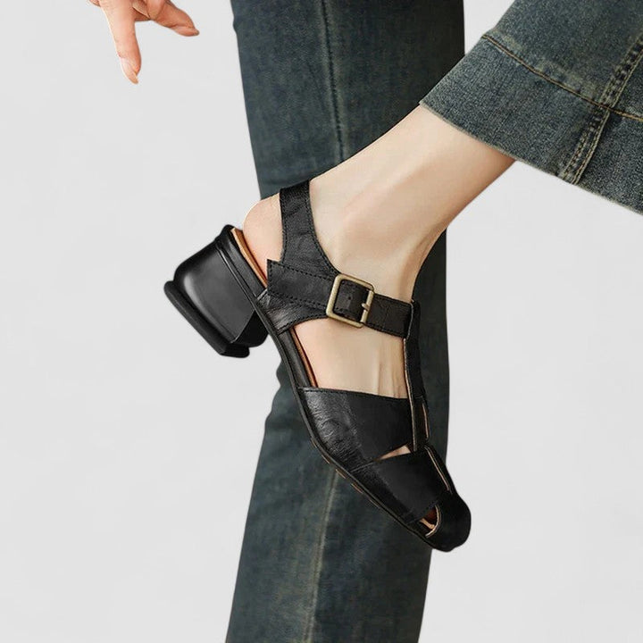 Penelope | Genuine Leather Perforated Heeled Mary Janes