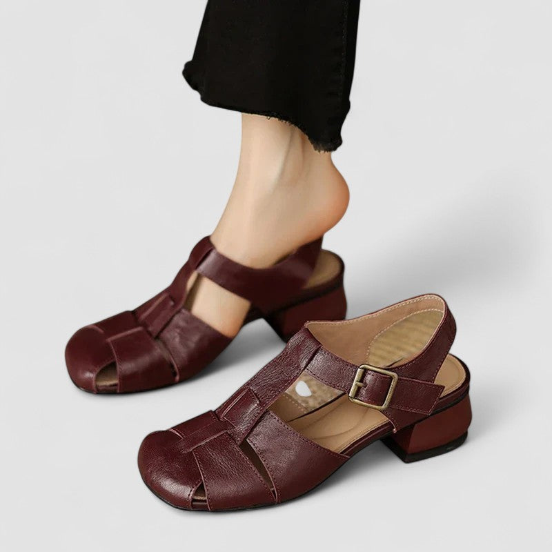 Penelope | Genuine Leather Perforated Heeled Mary Janes