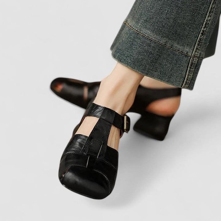 Penelope | Genuine Leather Perforated Heeled Mary Janes
