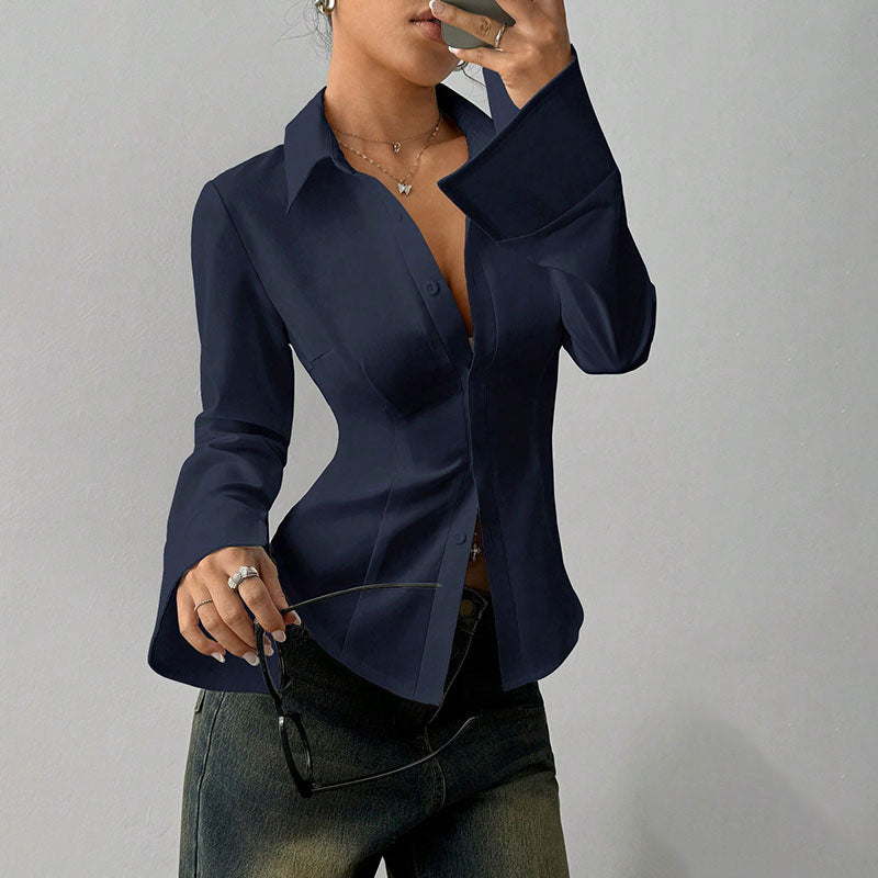 Eleanor Waist-Defining V-Neck Top - Navy