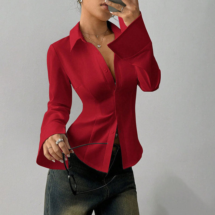 Eleanor Waist-Defining V-Neck Top - Claret