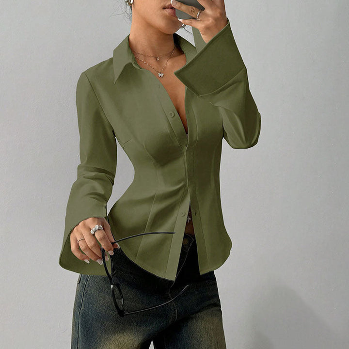 Eleanor Waist-Defining V-Neck Top - Army Green
