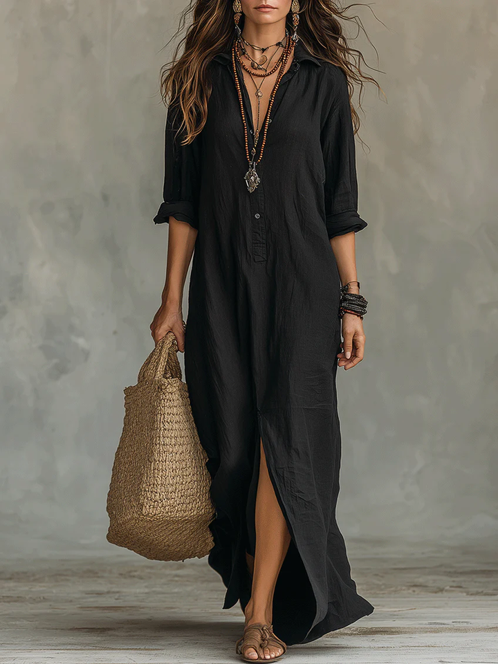 Isolde Button-Front Maxi Dress - Black