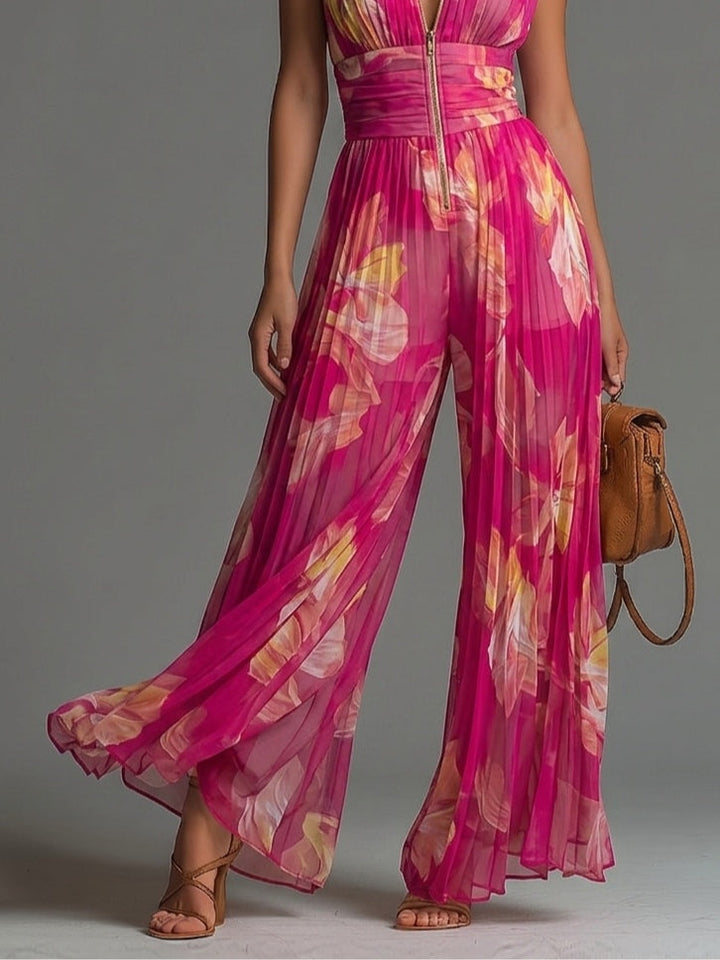 Leila Fuchsia Floral Pleated Chiffon Jumpsuit