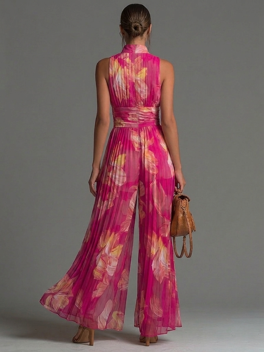 Leila Fuchsia Floral Pleated Chiffon Jumpsuit