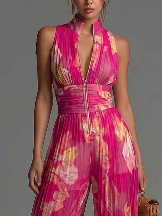 Leila Fuchsia Floral Pleated Chiffon Jumpsuit