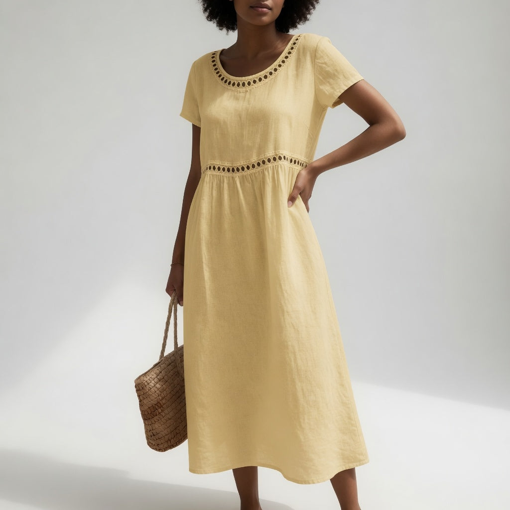 Livia Embroidered Linen Dress - Yellow