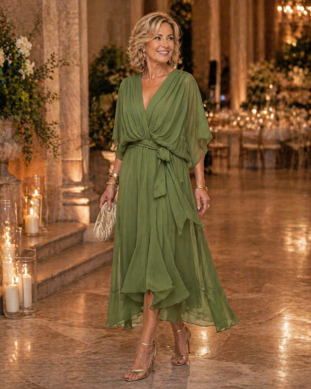 Monica Elegant V-Neck Dress - Green