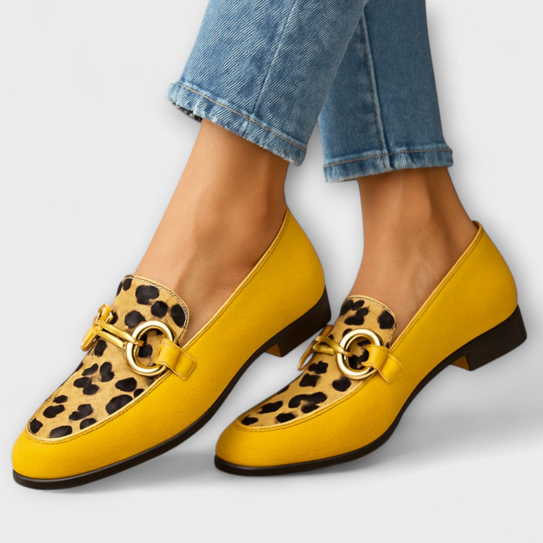 Genevieve | Yellow Leopard Buckle Loafers