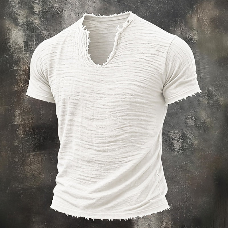 Leo Vintage Raw-Edge V-Neck Tee - White