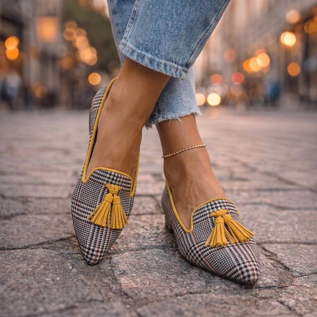 Livia Pointed Slip-On Flats - Yellow Plaid