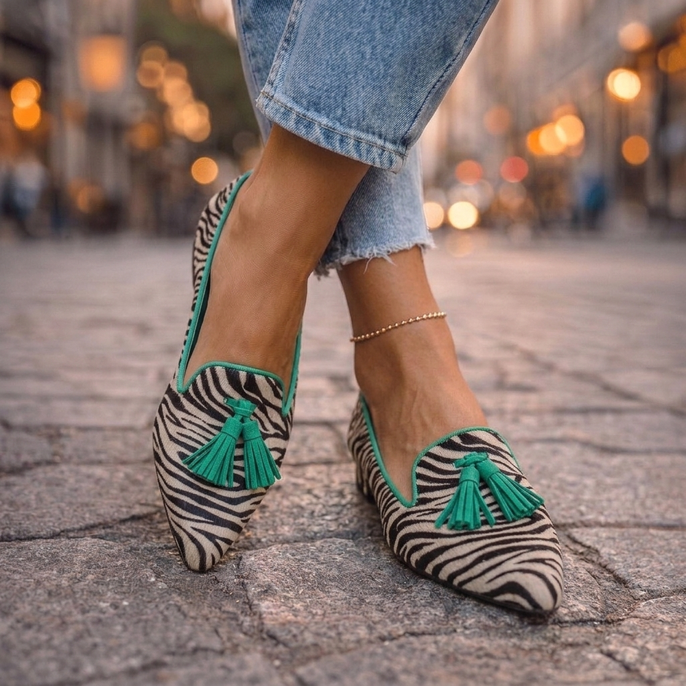 Livia Pointed Slip-On Flats - Green Zebra
