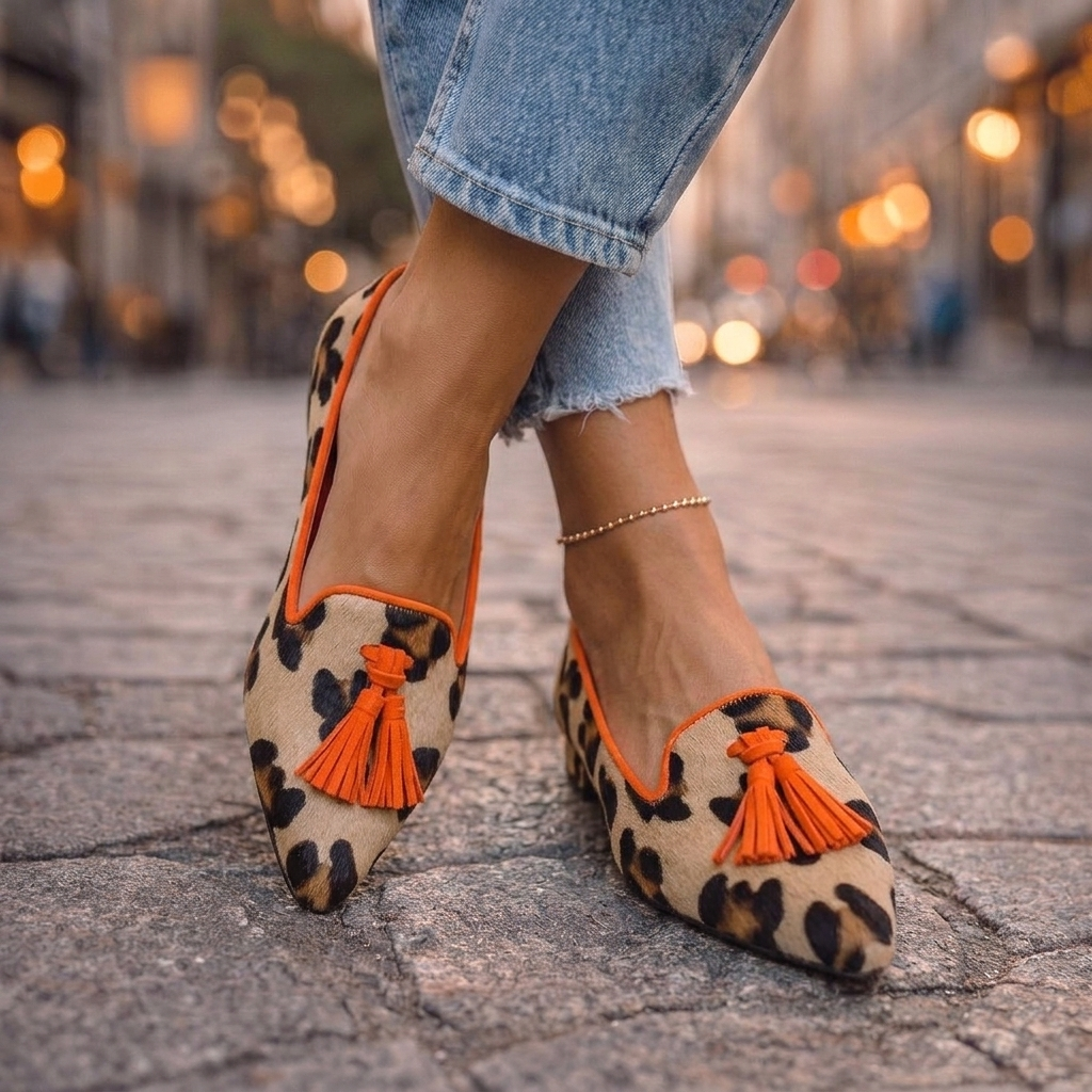 Livia Pointed Slip-On Flats - Orange Leopard