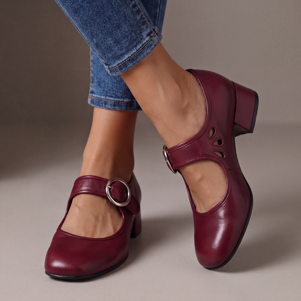 Nancy Retro Round-Buckle Mary Janes - Red