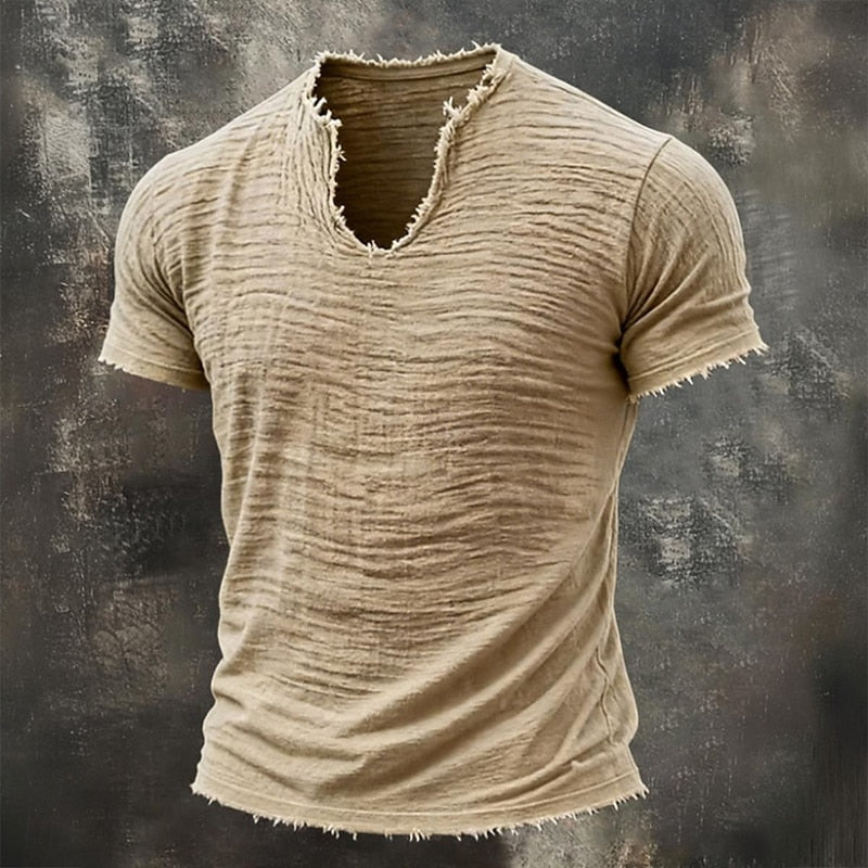 Leo Vintage Raw-Edge V-Neck Tee - Khaki