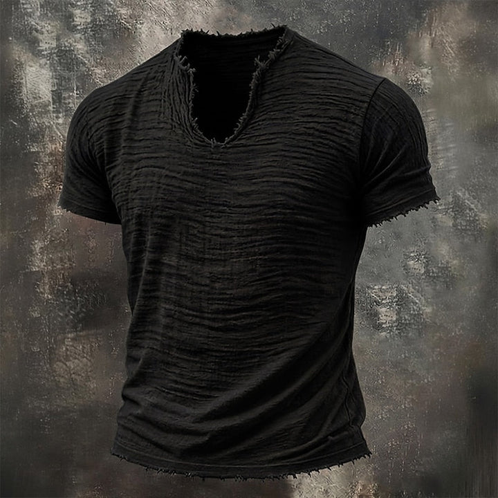 Leo Vintage Raw-Edge V-Neck Tee - Black