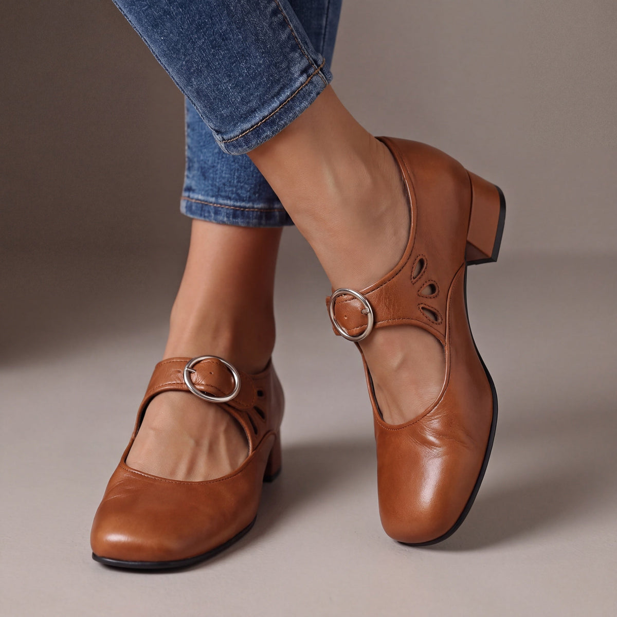 Nancy Retro Round-Buckle Mary Janes - Khaki