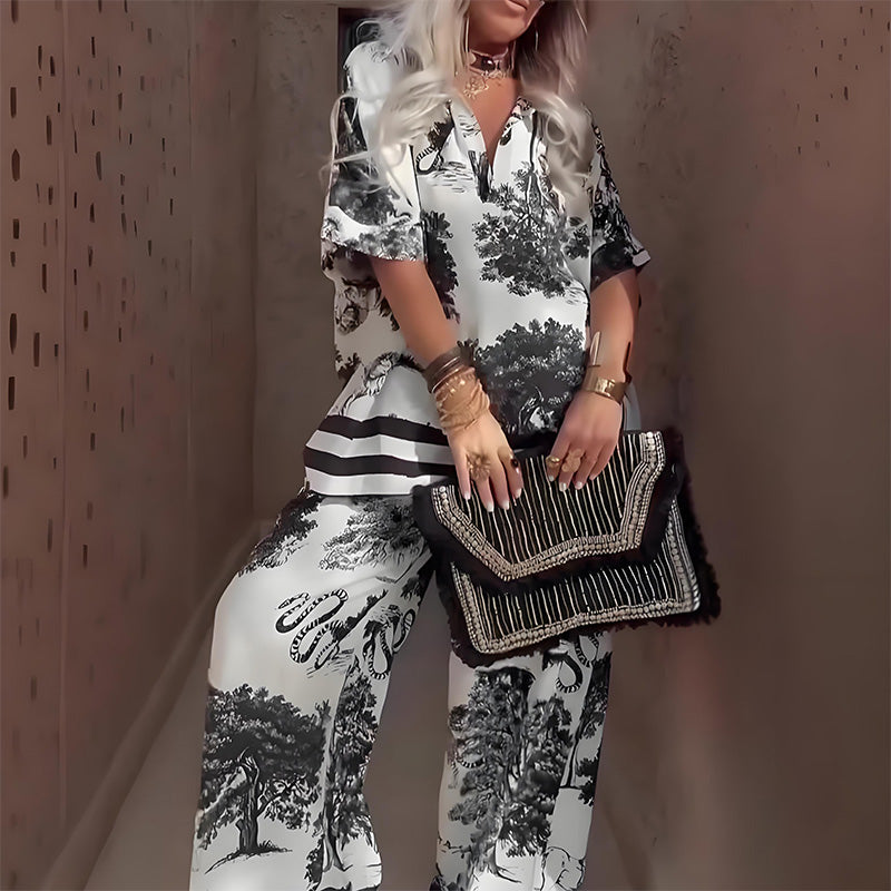 Camille Printed V-Neck Top and Trouser Set