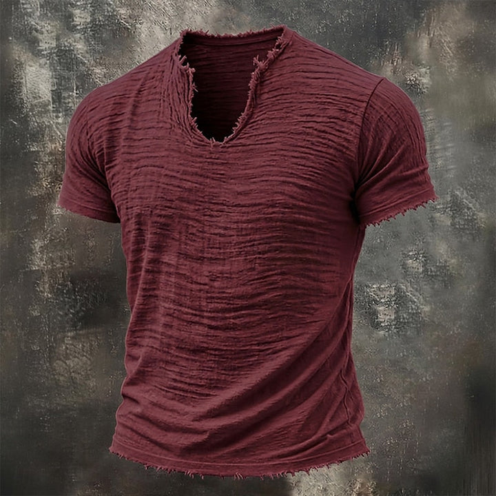 Leo Vintage Raw-Edge V-Neck Tee - Burgundy