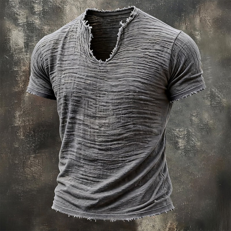 Leo Vintage Raw-Edge V-Neck Tee - Grey