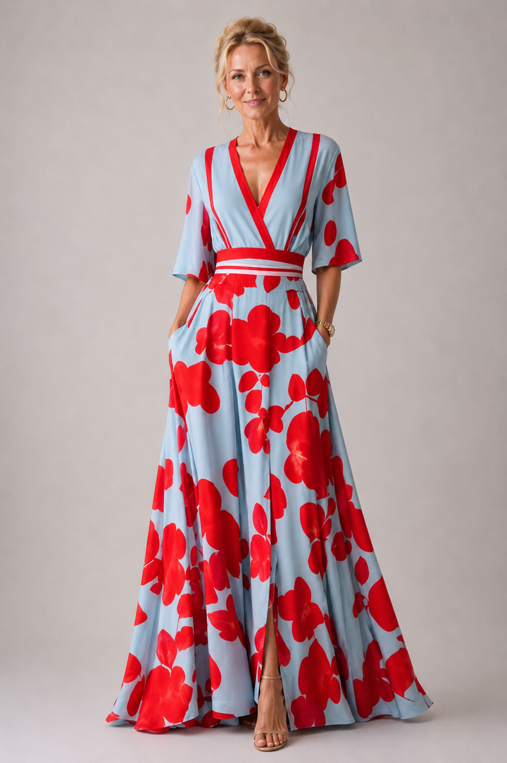 Genevieve Belted Floral Dress - Red/Blue